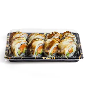 Produk plastik Takeaway persegi panjang dapat didaur ulang kotak baki piring kemasan makanan Sushi dengan tutup antikabut