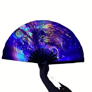 Éventails pliants en tissu avec baleines en bambou noir finition UV, 33 cm, grand format, personnalisables avec logo imprimé - Product Image 4