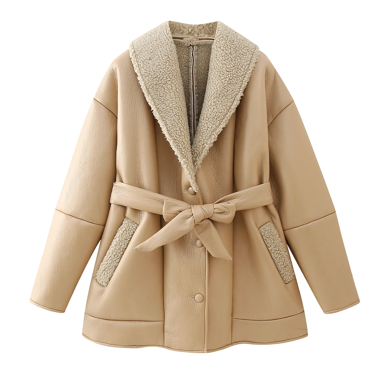 Jaket kasual musim dingin wanita, jaket bahu jatuh lengan panjang warna krem desain kebesaran dengan sabuk