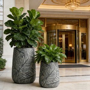 Grands pots de plantes d'<span class=keywords><strong>extérieur</strong></span> et d'intérieur avec drainage, jardinières texturées en faux pierre grise pour la décoration de véranda - Product Image 1