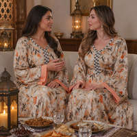 Nouvelle arrivée Robe longue ample à col en V, imprimé floral, manches longues, poignets contrastés, ceinture à nouer à la taille |   Abaya musulmane quotidienne, robe islamique modeste