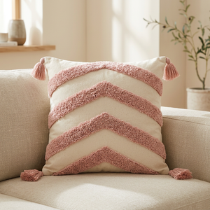 Bohemian Square <b>Cushion</b> Cover Embroidered Chevron Tassel Pink Cream Throw Pillow Case - Product Image 3