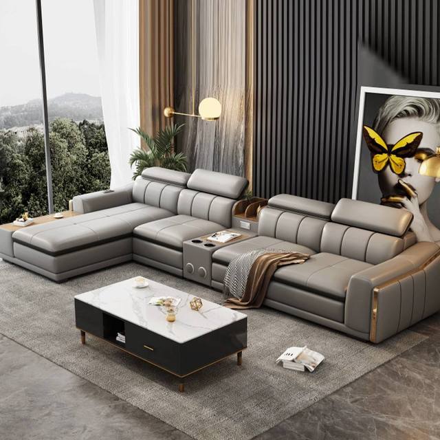 Smart L-Shaped Leather Sofa with Speaker Multifunctional Corner Couch Set with USB Port Storage for Living Room Home Theater