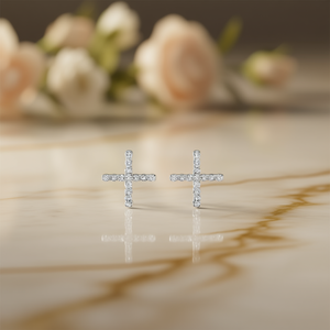 E2798 <b>White</b> <b>Gold</b> <b>Cross</b> Stud Earrings Diamond Round Brilliant Cut Prong Setting Unisex Religious Jewelry - Product Image 2