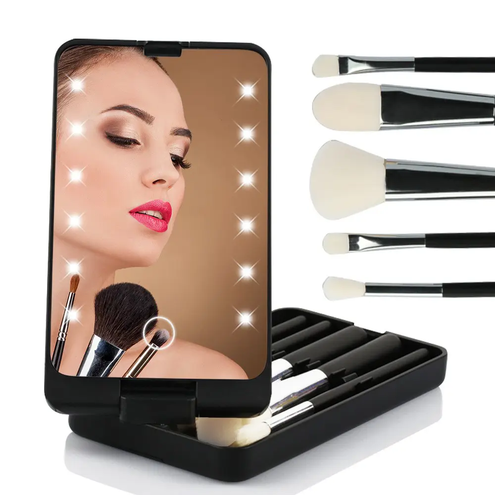 Travel 360 Degree Rotation Led Makeup Mirror With 5Pcs Makeup Brushes Rotatable Creative Travel Mirror For Women And Girls