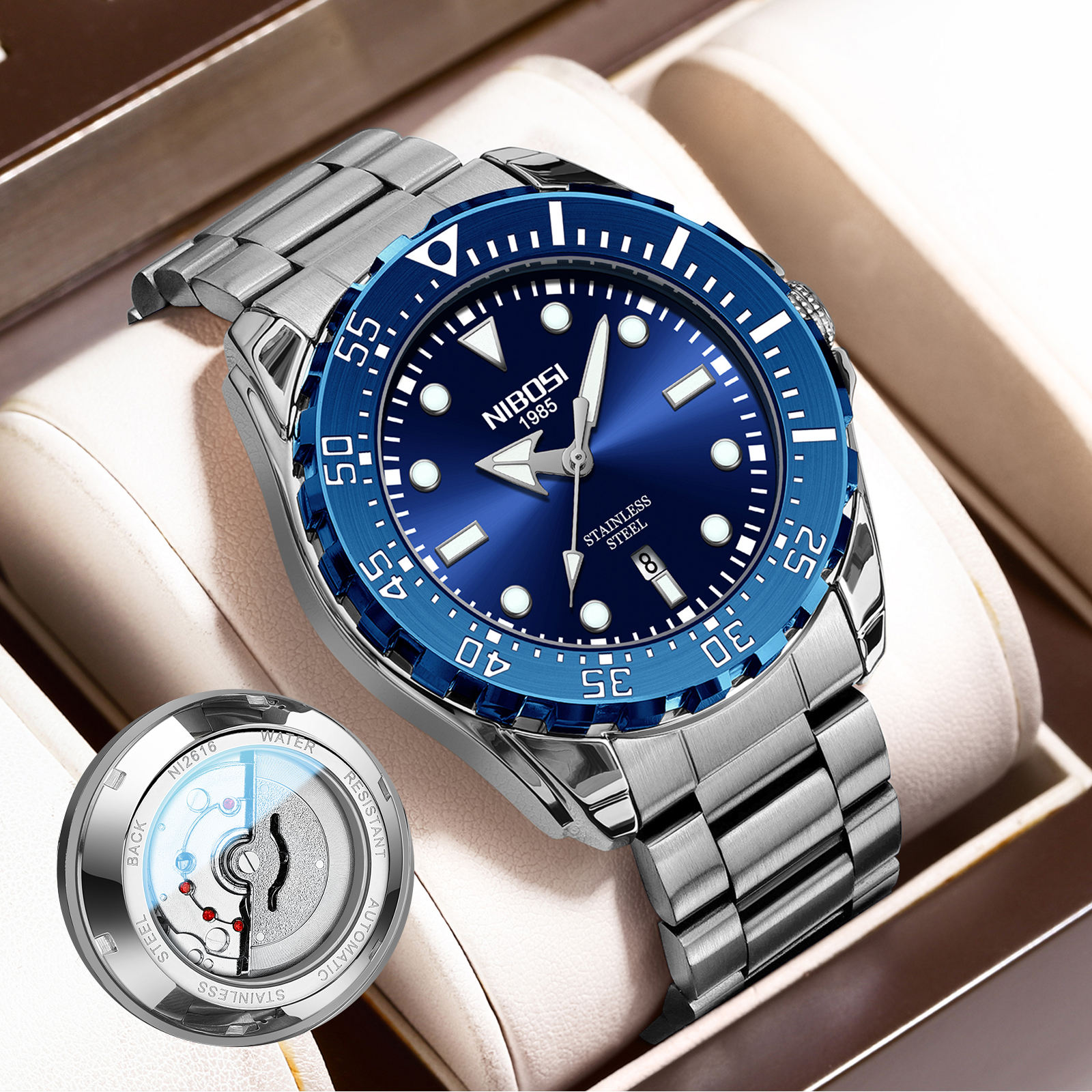 Nibosi 2616 Men Quartz Watch Big Dial Creative Mechanical Version Watch  Stainless Steel Band Waterproof Wristwatches