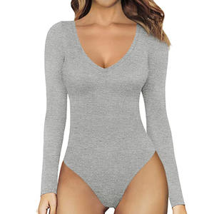 Naadloze lange mouwen <span class=keywords><strong>bodysuit</strong></span> voor dames, diepe V-hals, rekbare stof, skinny fit, effen patroon, buikcontrole, casual wear body - Product Image 2