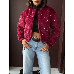 Blousons Bomber en Fausse Fourrure pour Femmes Topshow, Détails Perles, Logo Personnalisable, Manteau Court en Cuir Saison Automne, Peau de Mouton, Taille XL - Product Image 4