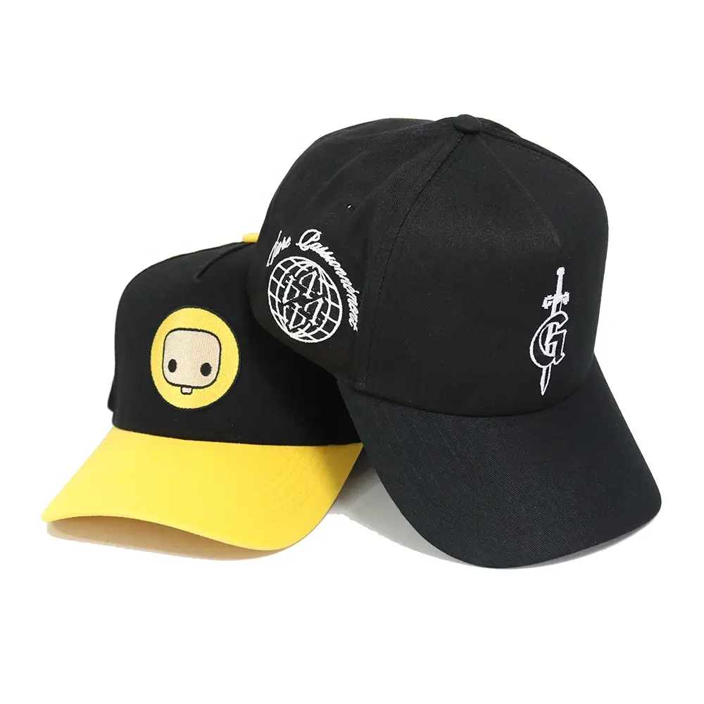 Cappelli all'ingrosso berretto da baseball nero a 5 pannelli semplice e di bell'aspetto con berretto in cotone con logo