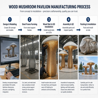 Grand pavillon d'extérieur en forme de champignon, dôme blanc, colonnes à lattes verticales effet bois, banc assorti, pour place frontalière de rivière, personnalisable