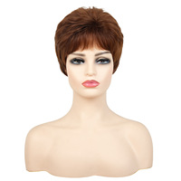 Perruque synthétique haut de gamme sans lacet, fabriquée à la machine, coupe pixie, brun rougeâtre, courte, droite, mate, naturelle, résistante à la chaleur pour femmes