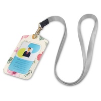 Porte-cartes promotionnel en cuir PU à imprimé floral Hibiscus Plumeria avec fenêtre transparente et cordon de cou