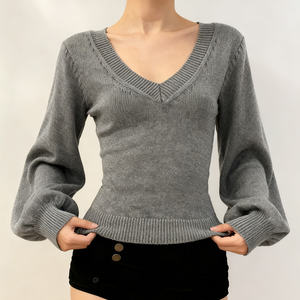 Camiseta de Punto de Manga Larga con Cuello en V de Color Sólido Básico para Mujer, Informal, a la Moda, Ajustada, Versátil, para Uso Diario - Product Image 2