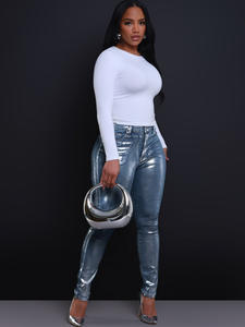 Mode métal <span class=keywords><strong>argent</strong></span> femmes Denim jean élastique jean moulant femmes taille haute bouton bon extensible Jean femme - Product Image 2