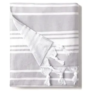 Fouta Peshtemal Woven Terry Beach Towel Grey White Striped Turkish Towel Oversized Beach Towel