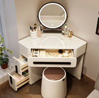 Coiffeuse moderne en bois de pin avec miroir LED tactile éclairé, table de maquillage triangulaire et armoire de rangement intégrée