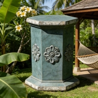 Colonne décorative de jardin vintage en résine verte irrégulière, peinte à la main, avec motif floral en relief, support pour plantes de patio, résistant aux intempéries