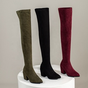 Stretch Suede Long Style Thigh High <b>Boots</b> Pointy Toe Square Medium Heels Over the Knee Custom Large Size 48 Women Shoes - Product Image 6