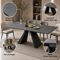 Table à manger rectangulaire moderne en marbre pour hôtel, base en acier au carbone en forme de V, gris foncé, luxe léger, prix de gros