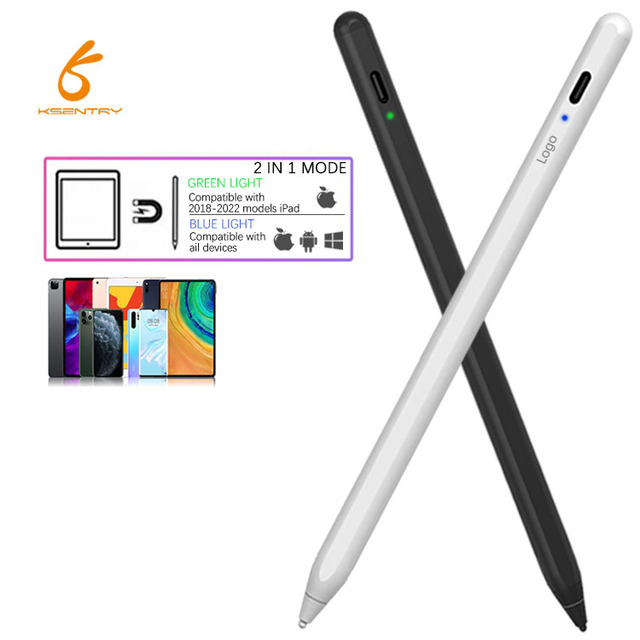 Custom Logo 2-in-1 Metal Active Capacitive Stylus Pen Palm Rejection Tilt Angle Sensing Universal Touch Screen Use Type-C