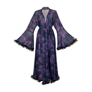 Robe longue transparente imprimée pour femme, col en V, style kimono avec bordure en tulle, chemise de nuit, pyjama, vêtements de nuit, mode - Product Image 5