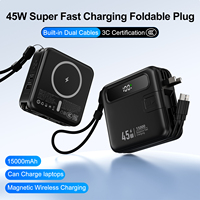 Batterie externe à charge rapide pour ordinateur portable 45W 15000mAh avec câbles intégrés Prise murale AC Chargeur sans fil magnétique 15W