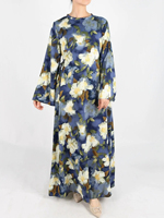 Gaun Maxi Abaya Formal Musim Semi dengan Cetakan Ink-Wash, Lengan Panjang, Pinggang Empire, Kerah O, Model A-Line untuk Wanita Muslim yang Sopan
