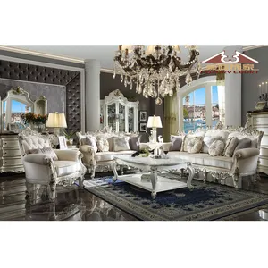 龙豪家具奢华簇绒欧式家具，仿古白色高品质客厅沙发套装