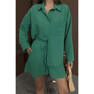 Ensemble chemise en lin pour femme, manches longues, décontracté, respirant, tissu Oxford, pantalon court assorti - Product Image 1