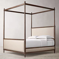 Lit à baldaquin en chêne massif sculpté à la main, style vintage français, avec panneau en tissu – Meilleure vente
