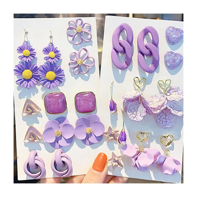 Women jewelry floral earring stud dangle drop acrylic flower petal purple earrings