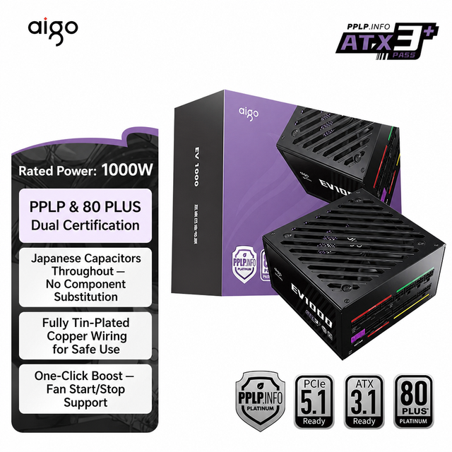 Aigo EV1000 1000W 80PLUS Platinum Fully Modular ATX3.1 Power Supply Gaming Desktop PC PSU Full Japanese Capacitors