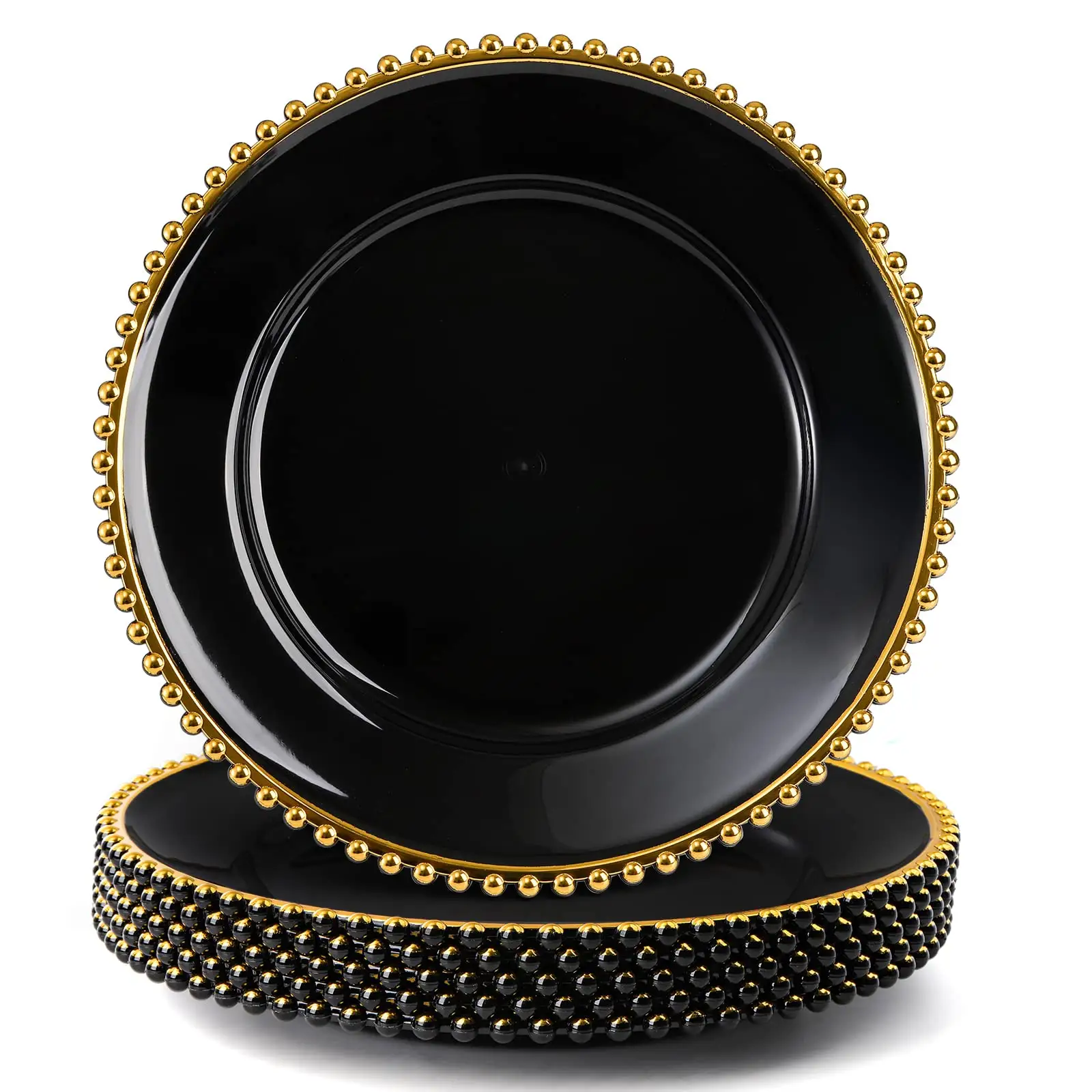 Assiette de présentation noire perlée dorée de 13 pouces, assiette décorative en plastique doré, pour mariage, événement