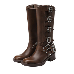 Botas de Motocicleta de Cuero Marrón Estilo 2026 - Botines Retro y Versátiles con Punta Cuadrada Estilo Vaquero Occidental - Product Image 1