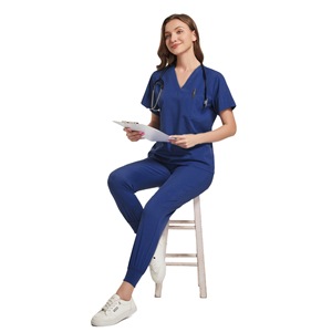 Women's Scrub Suit Polyester Spandex Short Sleeve Two Piece Set Moisture Wicking Medical Work Uniform Split Set - Product Image 2