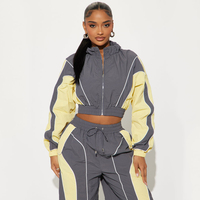 Ensemble de survêtement 2 pièces en nylon pour femme, style automne, avec veste à col montant à volants et blocs de couleur, manches longues, bordure passepoilée vintage + pantalon large