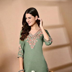 Women's Green Embroidered Rayon <b>Kurta</b> <b>Top</b> Regular Fit Mini Length Casual Wear India Pakistan Design All Seasons - Product Image 1