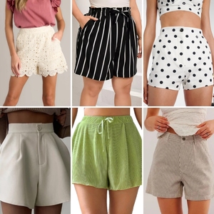 Liquidación: Nuevos <span class=keywords><strong>shorts</strong></span> de <span class=keywords><strong>mujer</strong></span> vintage de corte regular, de cintura alta, estilo casual, con cintura elástica, para playa, de marcas y telas variadas, en stock. - Product Image 1