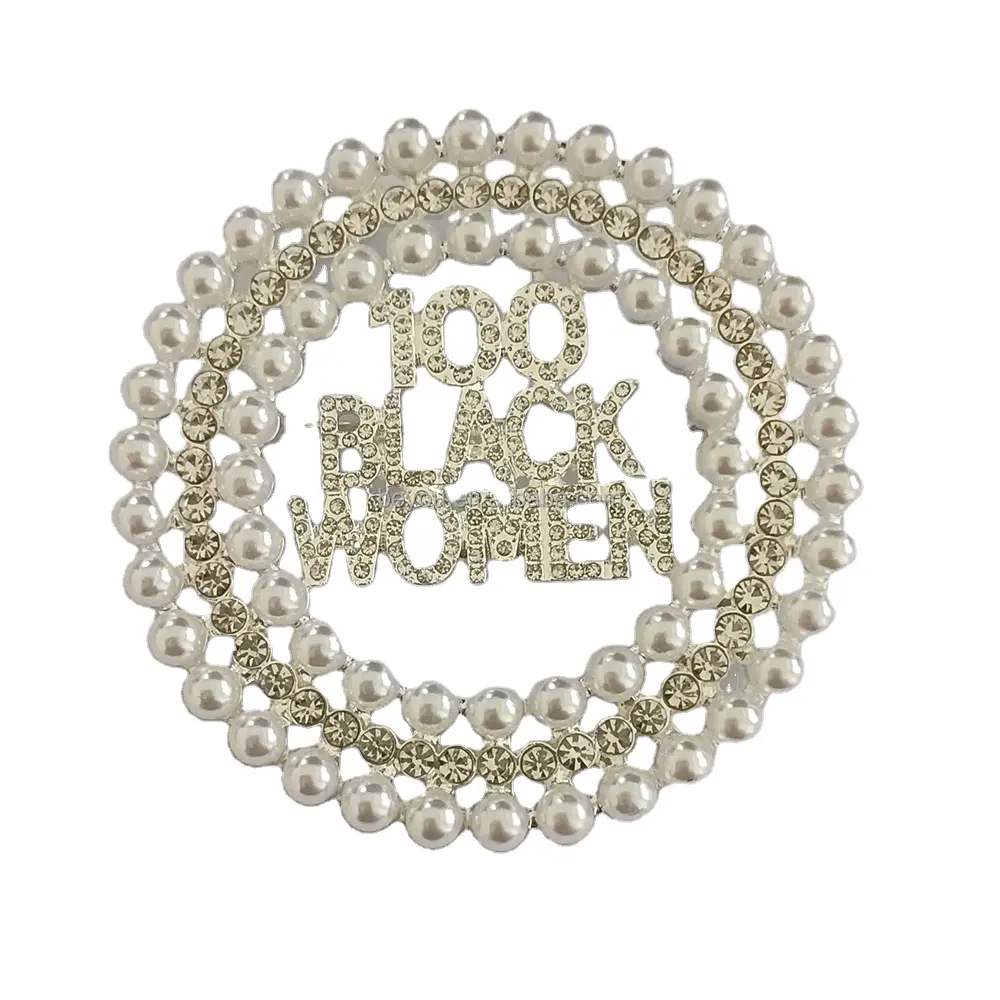Sorority Double White Pearl Crystal 100 BLACK WOMEN Letter Full Rhinestone Setting Lapel Pin Custom Women Brooches for Gifts