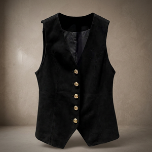 Black Women's <b>Blazer</b> Vest With Gold Buttons V-Neck Solid Color Polyester Woven Sleeveless Regular Fit Autumn Style - Product Image 2