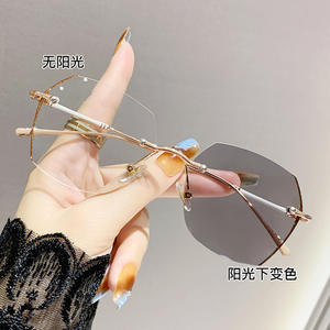 Lunettes photochromiques sans monture J408 anti-lumière bleue pour femmes, en alliage de cuivre, verres PC à changement de couleur, pour myopes - Product Image 3