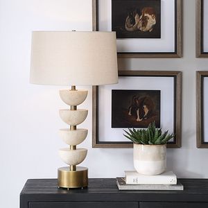 Lampe de table moderne en ciment avec base dorée et abat-jour crème pour salon, chambre, café, décoration - Product Image 2