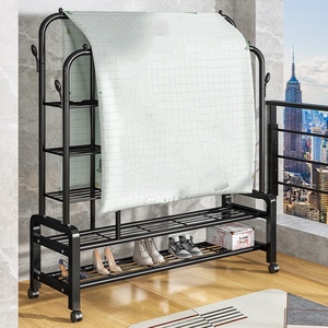 Perchero Simple de Doble Varilla para Ropa, Organizador de Almacenamiento Móvil <span class=keywords><strong>con</strong></span> <span class=keywords><strong>Ruedas</strong></span>, Material de Hierro para Balcón Interior, Dormitorio - Product Image 4