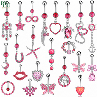 Pendiente de Acero Inoxidable 316L para Ombligo con Colgante de Corazón y Mariposa, Circonita Rosa, Ancla y Estrella de Mar, Joyería Náutica Personalizable con Logotipo