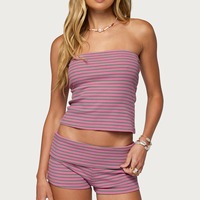Ensemble deux pièces loungewear pour femme avec logo personnalisé, short à taille repliable rayé, vente en gros