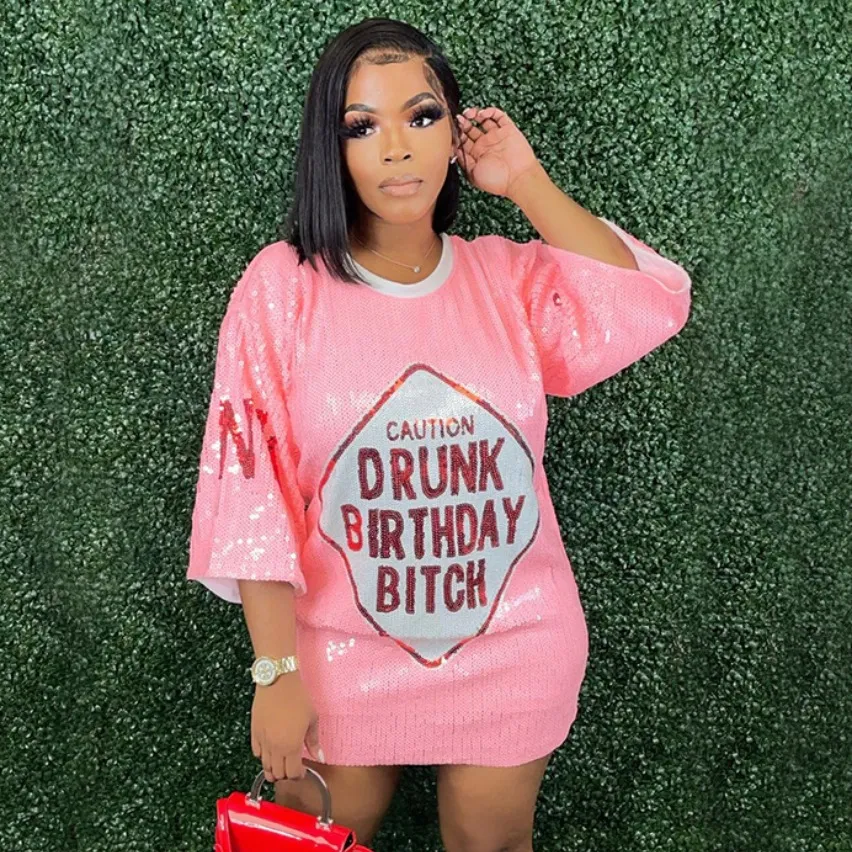 Causal One Size Fit All Women's Sequin Crown T-shirt My Birthday Queen Girl Jersey T Shirt Dress