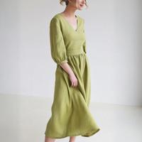 Découpe évasée col en V ample personnalisé 100% pur lin robes mi-longues élégant manches courtes bouffantes femmes luxe 2022 avec fermeture éclair bouton