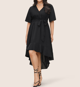 Venta al por mayor de gran tamaño de las mujeres Midi vestido negro sólido patrón alto bajo Streetwear volantes fajas decoración hecha sostenible Spandex - Product Image 3