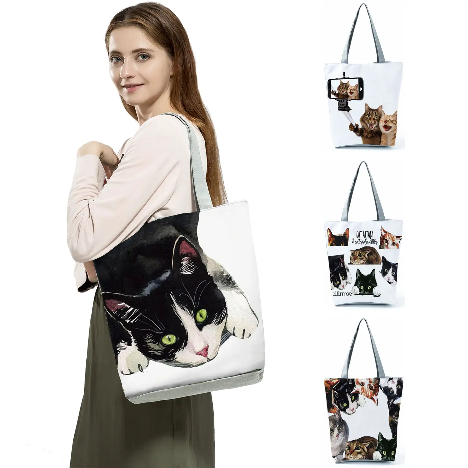 Custom Pattern Cartoon Black Cat Print Handbag Womens Designer Tote Fabric Eco Reusable Foldable Shopper Bag Ladies Shoulder Bag