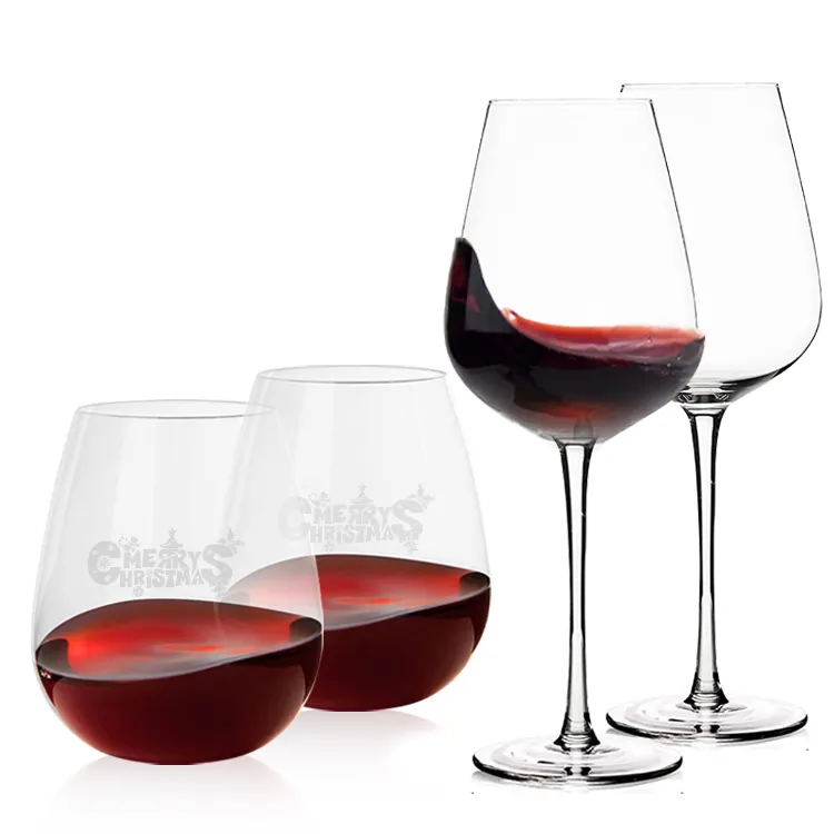 Wholesale Christmas Red Goblet Wine Glasses Custom Logo Drink Glassware Personalized Clear Crystal Stemless Wine Glass With Logo